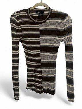 Theory Brown Cream Gray Colorblock Contrasting Striped Ribbed Long Sleeve Top